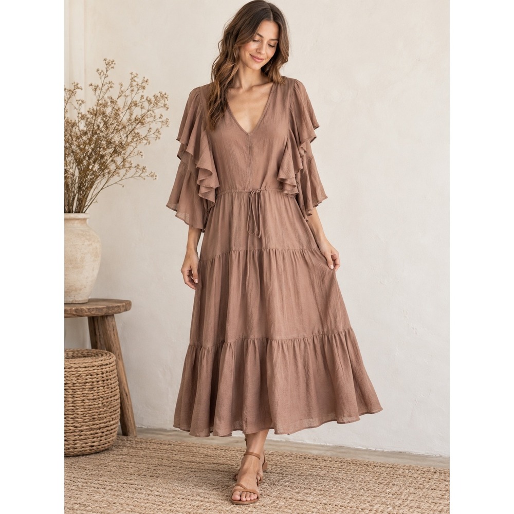 Women's Boutique Boho Ruffled Midi dress, long sleeve,whimsy, fairycore Sz S NWT